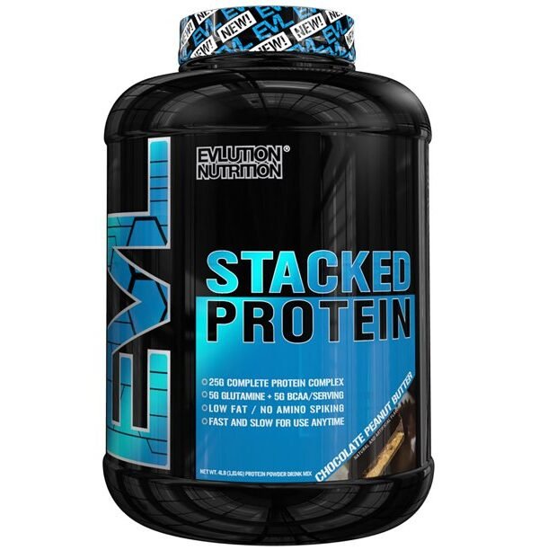 Evlution Nutrition Stacked Protein Powder, Chocolate Peanut Butter Evlution Nutrition Stacked Protein Gainer 7 LB Protein Powder with 50 Grams of Protein, 12 Grams of BCAAs and 10 Grams of Glutamine, Vanilla Ice Cream