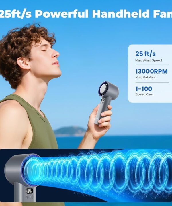 Cooler, 100 Speeds Rechargeable Mini Cooling Fan wi HandFan 5200mAh High Speed Handheld Turbo Fan, 13000 RPM Powerful - Image 6