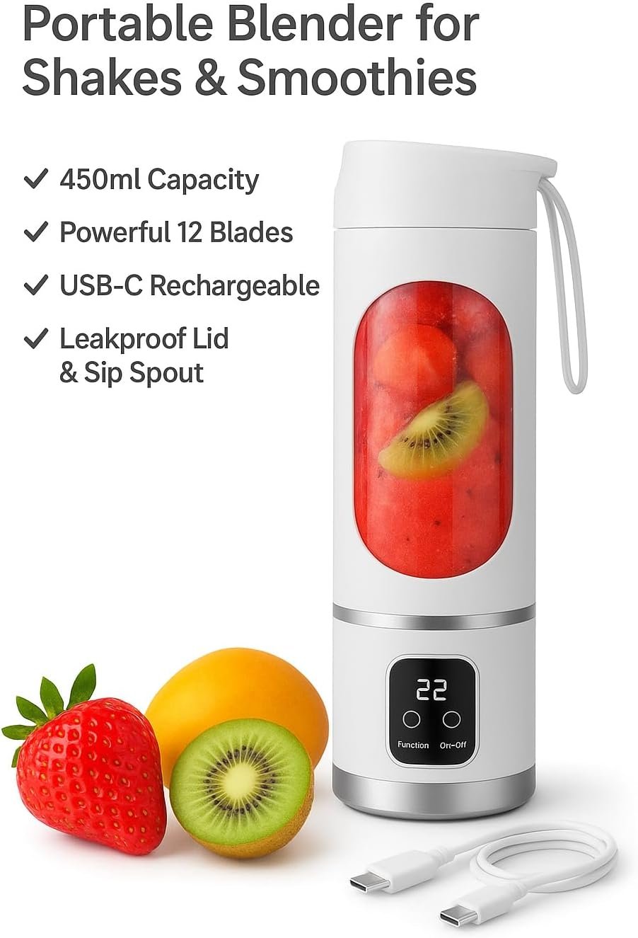 Portable Blender for Shakes and Smoothies – 12 Blades, 450ml Travel Cup, USB-C Rechargeable Mini Juicer - Image 5