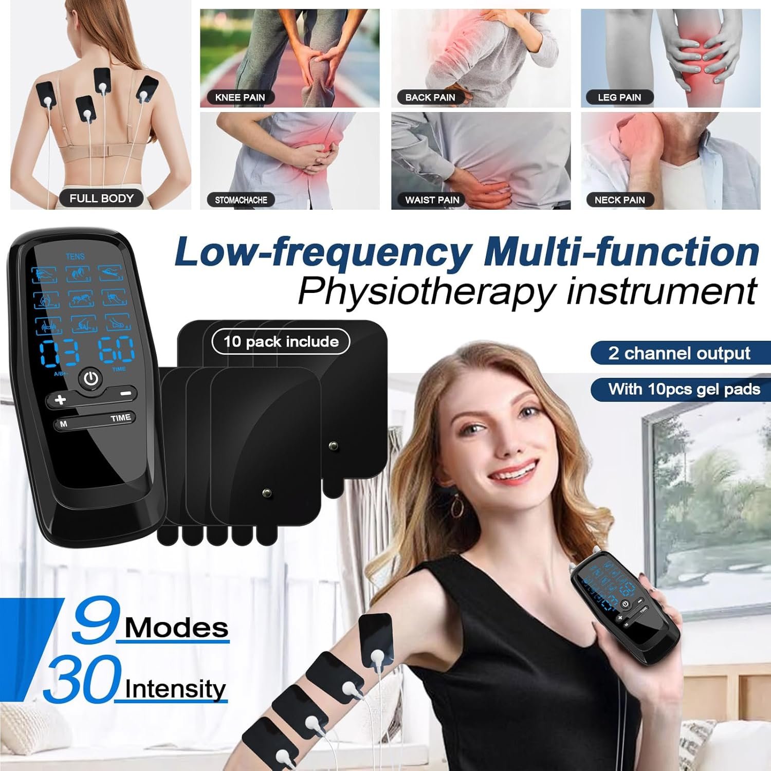 Dual Channel TENS Unit Muscle Stimulator with 10-Pad Set for Pain Relief | FSA-HSA Eligible, Rechargeable Electronic Pulse Massager with 9 Modes, 30 Levels, - Image 3
