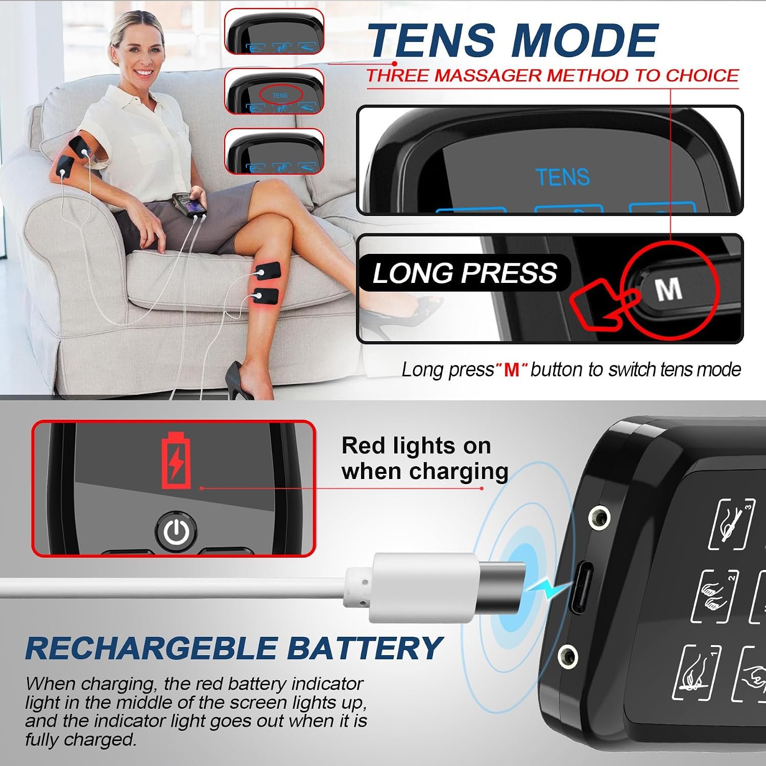 Dual Channel TENS Unit Muscle Stimulator with 10-Pad Set for Pain Relief | FSA-HSA Eligible, Rechargeable Electronic Pulse Massager with 9 Modes, 30 Levels, - Image 8
