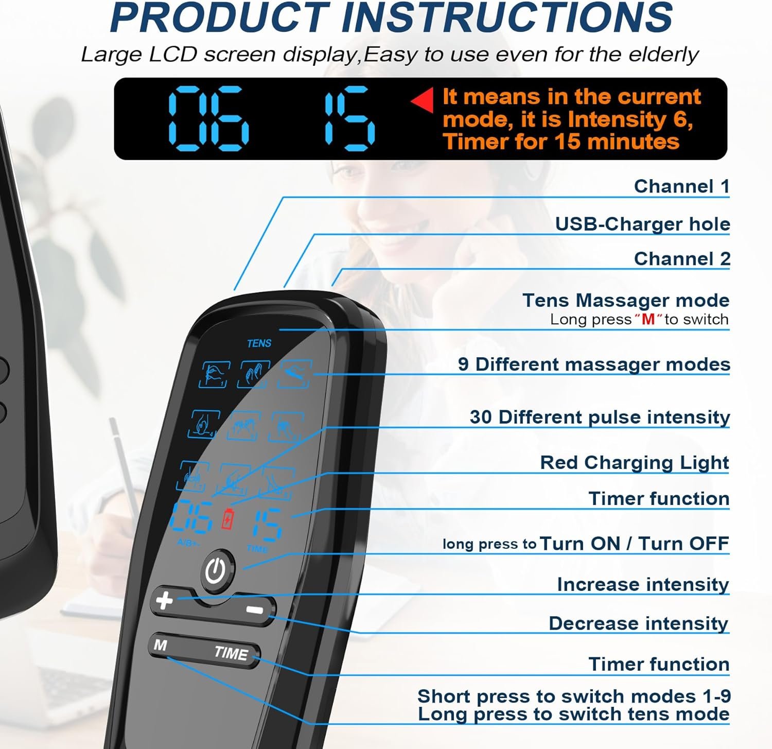Dual Channel TENS Unit Muscle Stimulator with 10-Pad Set for Pain Relief | FSA-HSA Eligible, Rechargeable Electronic Pulse Massager with 9 Modes, 30 Levels, - Image 9