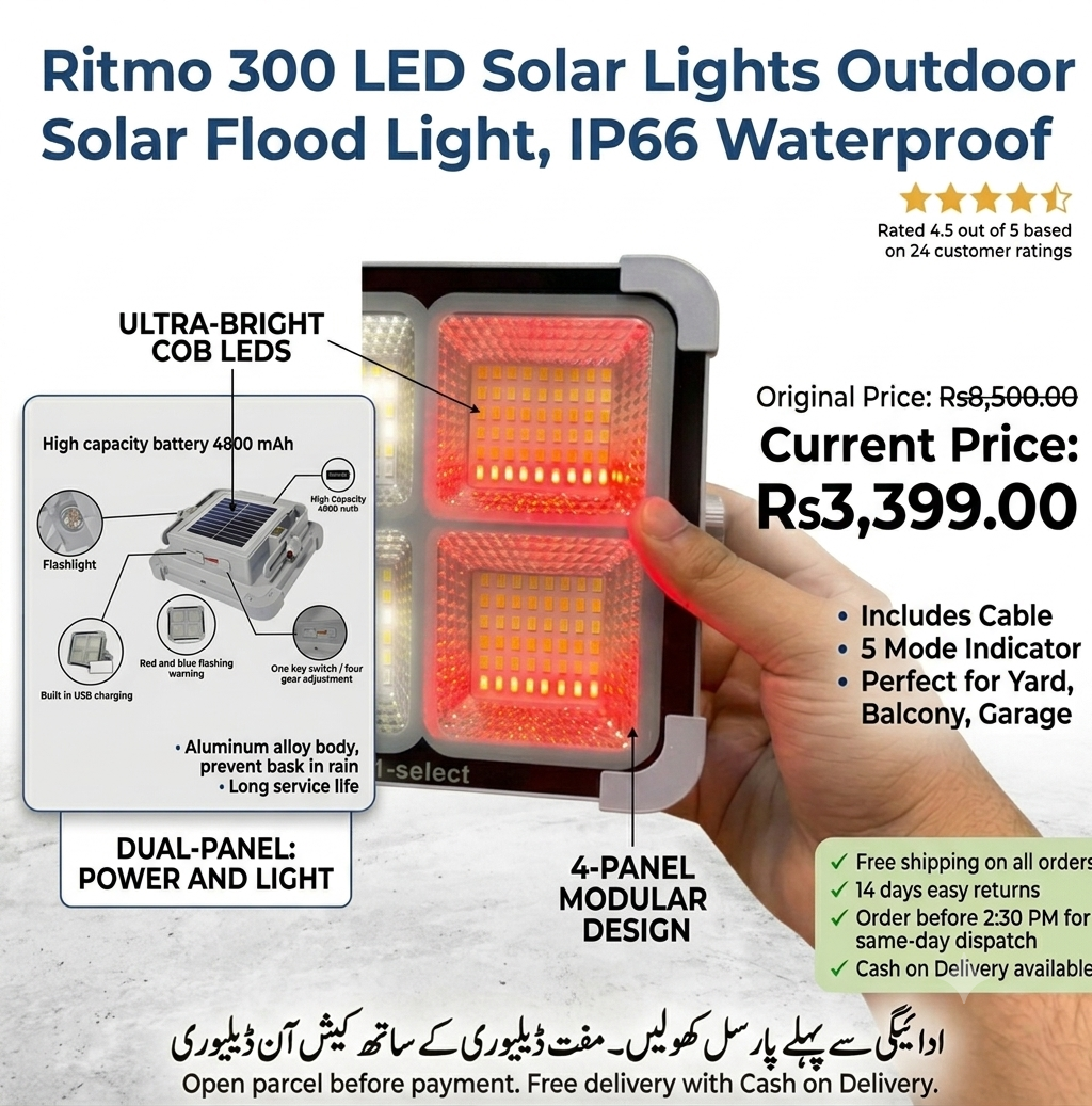Ritmo ZL-A7 Emergency Solar Outdoor LED Light – 300 COB Flood Light with 4800mAh Power Bank, IP66 Waterproof & Emergency Red Flash - Image 2