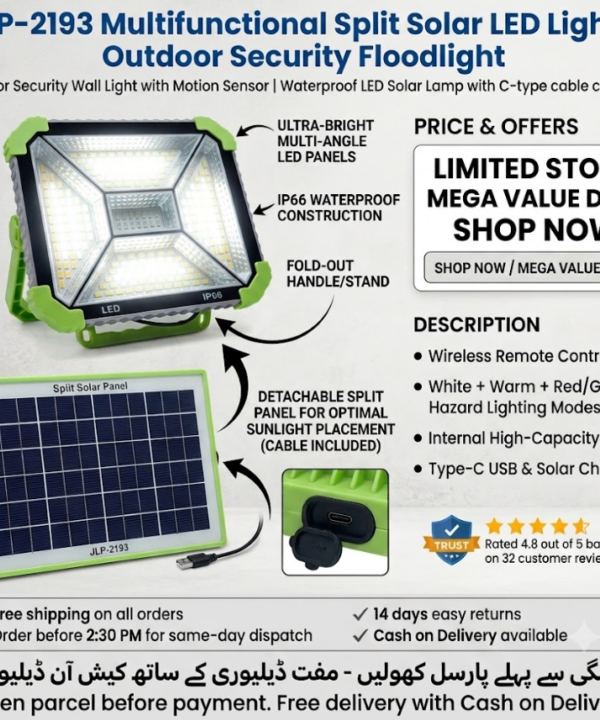 JLP-2193 Multifunctional Split Solar LED Light – Outdoor Security Floodlight with Remote Control, Type-C Charging & IP66 Waterproofing