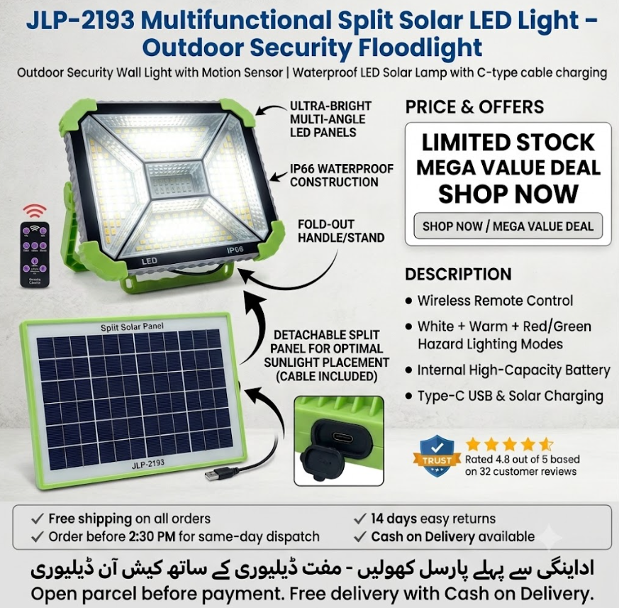 JLP-2193 Multifunctional Split Solar LED Light – Outdoor Security Floodlight with Remote Control, Type-C Charging & IP66 Waterproofing