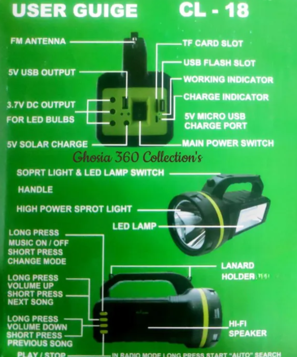 Solar Lighting System hiking lanterns Bluetooth MP3 LED Light FM Radio Flashlight Bulb 10W High Power Mobile Charging Midnight Black - Image 4