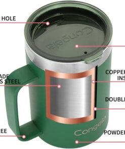 Premium insulated 18 oz stainless steel coffee mug with handle, travel camping mug with Tritan lid, Forest Green color - Image 3