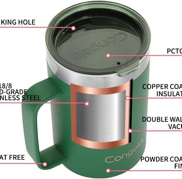 Premium insulated 18 oz stainless steel coffee mug with handle, travel camping mug with Tritan lid, Forest Green color - Image 3