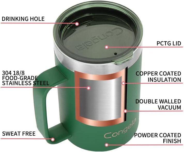 Premium insulated 18 oz stainless steel coffee mug with handle, travel camping mug with Tritan lid, Forest Green color - Image 3