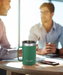 Premium insulated 18 oz stainless steel coffee mug with handle, travel camping mug with Tritan lid, Forest Green color