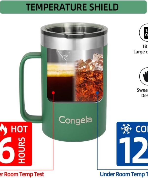 Premium insulated 18 oz stainless steel coffee mug with handle, travel camping mug with Tritan lid, Forest Green color - Image 6