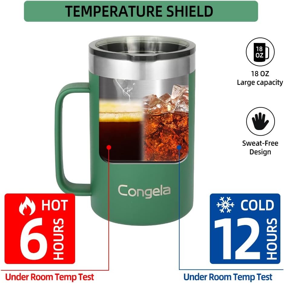 Premium insulated 18 oz stainless steel coffee mug with handle, travel camping mug with Tritan lid, Forest Green color - Image 6