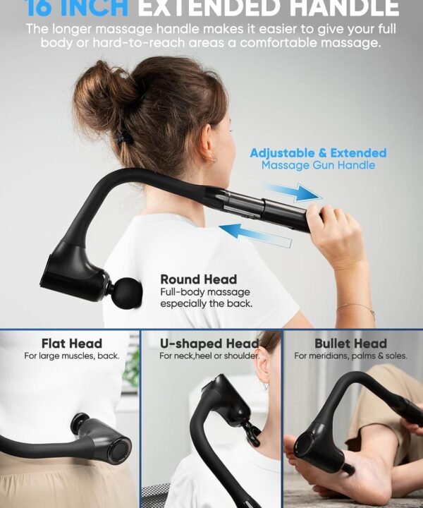 Deep Tissue Massage Gun with Extended Handle – 4 Heads, Adjustable Speed - Image 6