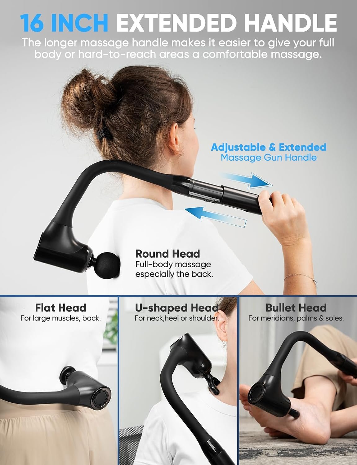 Deep Tissue Massage Gun with Extended Handle – 4 Heads, Adjustable Speed - Image 6